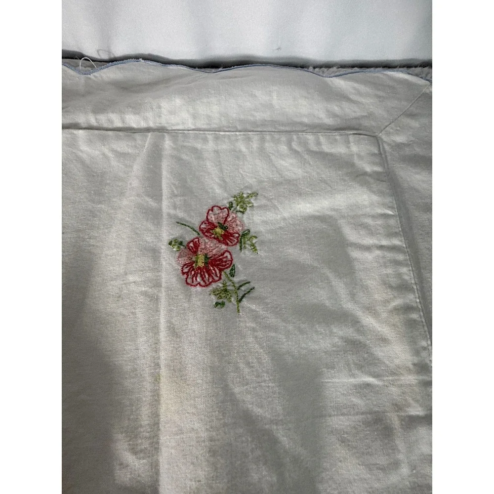 Vintage Embroidered Pillowcase Floral‎ Blue Scallop Edge Cottagecore Shabby Chic
